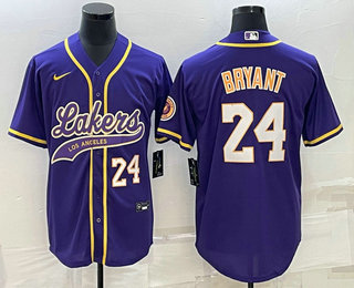 Mens Los Angeles Lakers #24 Kobe Bryant Number Purple With Patch Cool Base Stitched Baseball Jersey